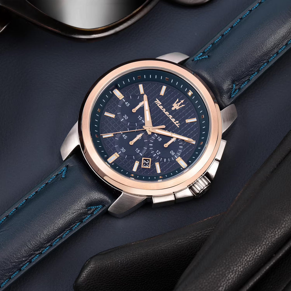 Maserati Successo – Orologio Uomo Cronografo Cassa Silver Cinturino Pelle Blu